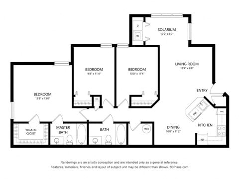 Floor plan for 3 beds, 2 baths, 1180 sqft